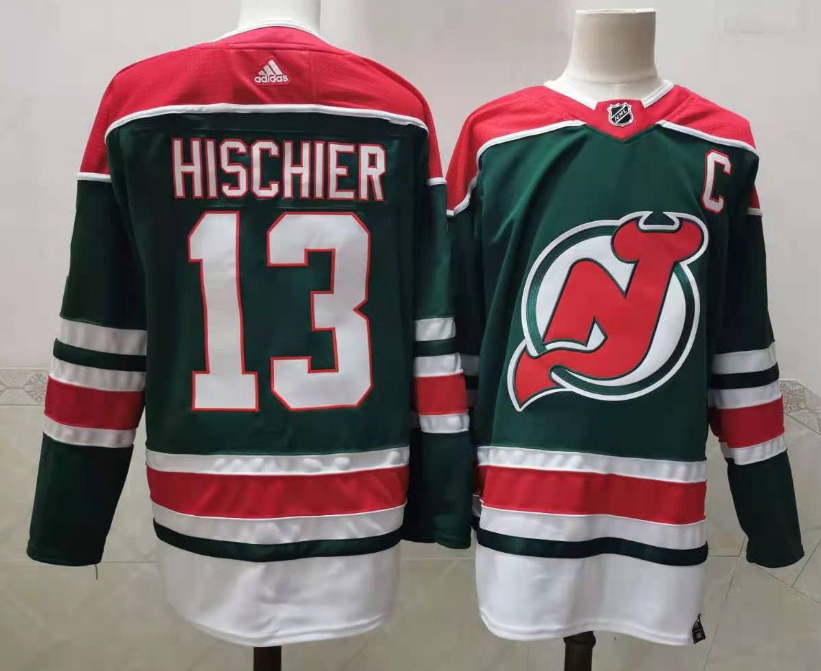 Men New Jersey Devils #13 Hischier Green Throwback Stitched 2021 Adidias NHL Jersey